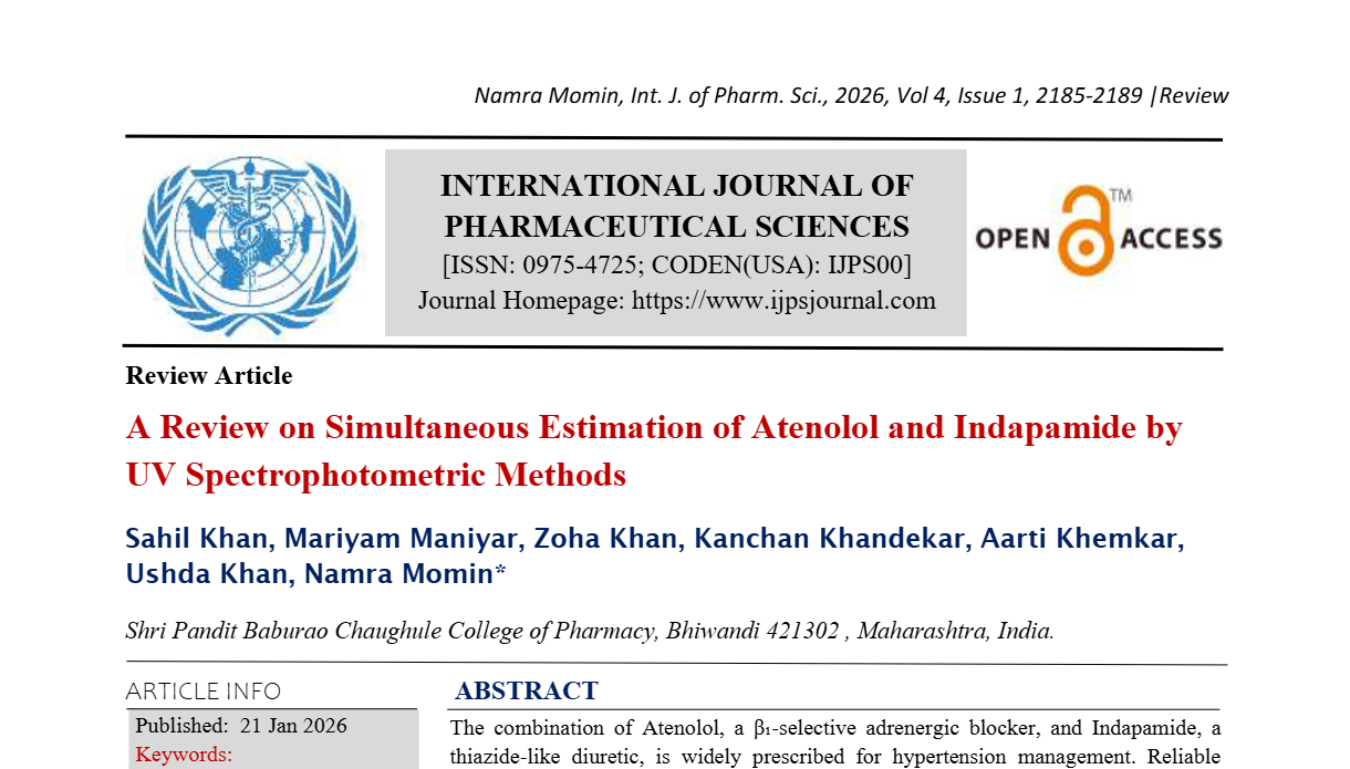 A Review on Simultaneous Estimation of Atenolol and Indapamide by UV Spectrophotometric Methods