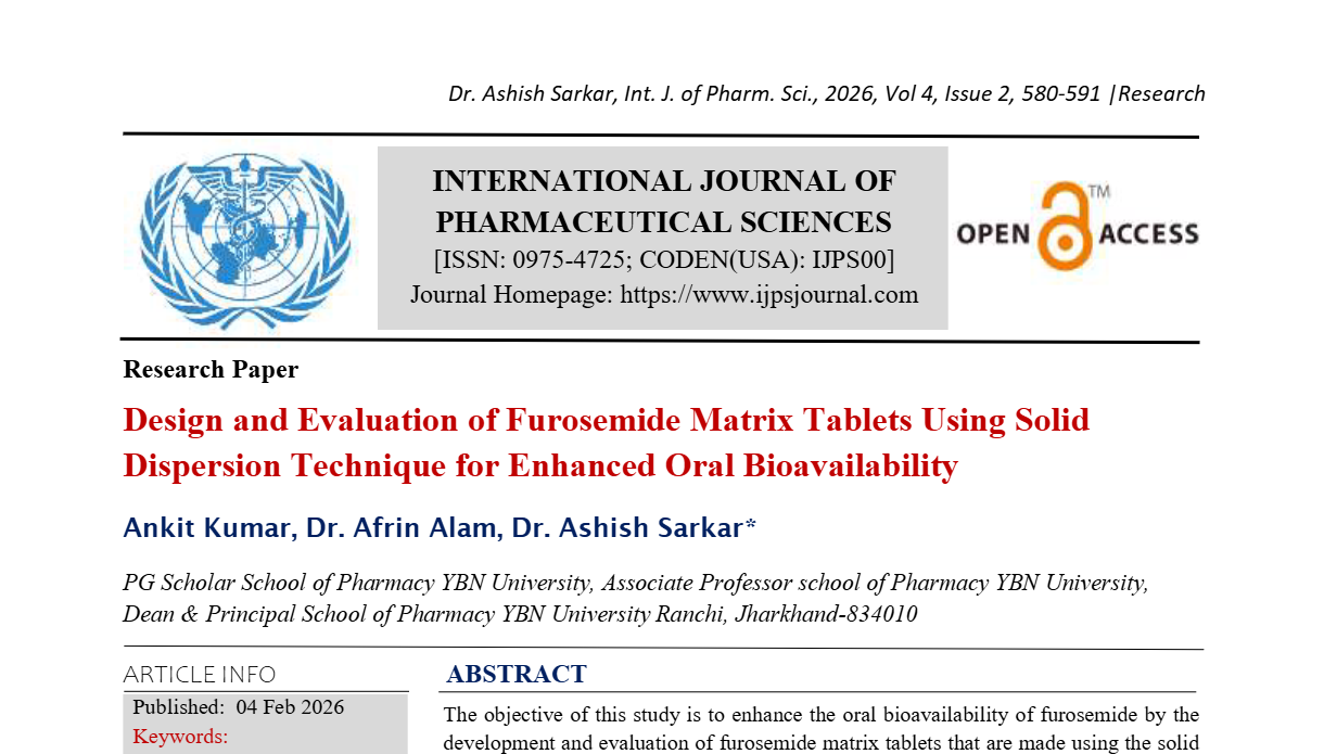 Design and Evaluation of Furosemide Matrix Tablets Using Solid Dispersion Technique for Enhanced Oral Bioavailability
