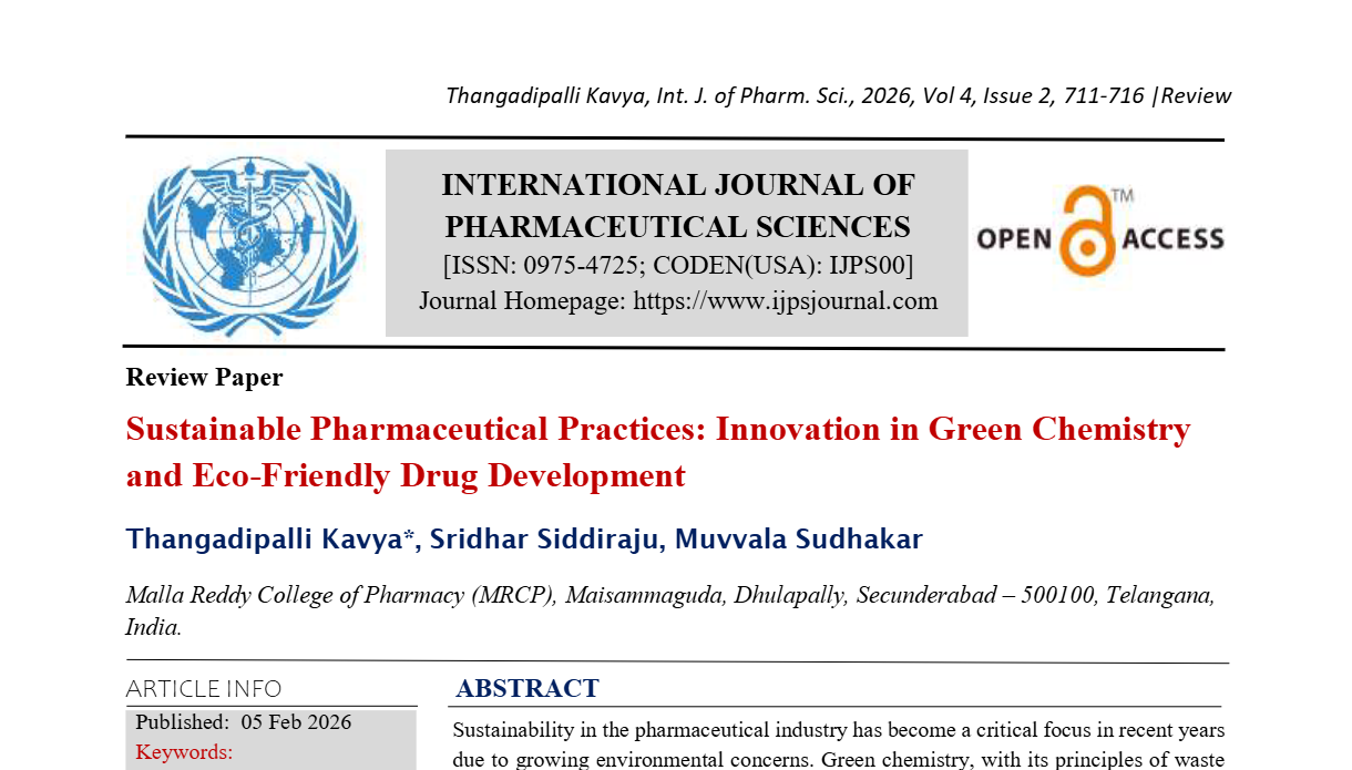Sustainable Pharmaceutical Practices: Innovation in Green Chemistry and Eco-Friendly Drug Development 
