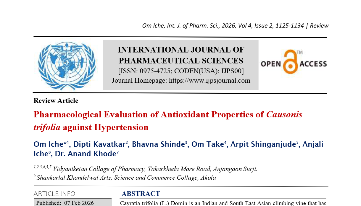 Pharmacological Evaluation of Antioxidant Properties of Causonis trifolia against Hypertension