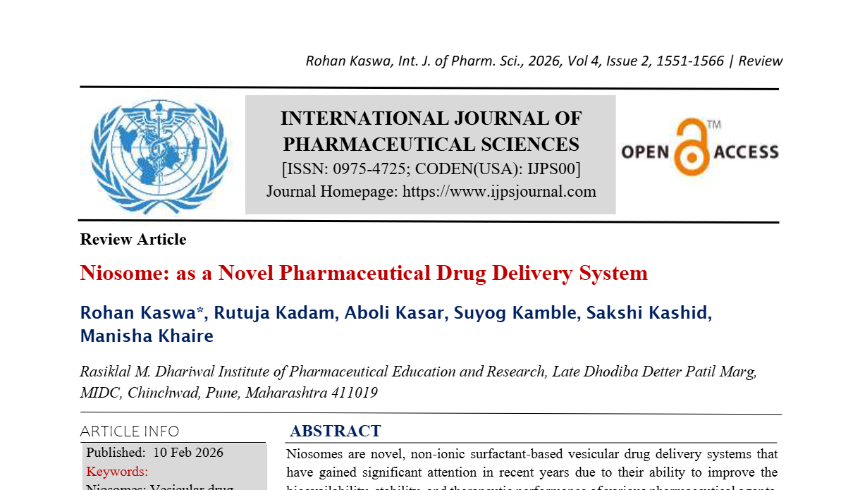 Niosome: as a Novel Pharmaceutical Drug Delivery System