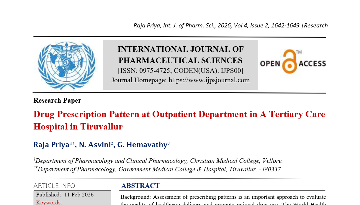 Drug prescription pattern at outpatient department in a tertiary care hospital in Tiruvallur. 