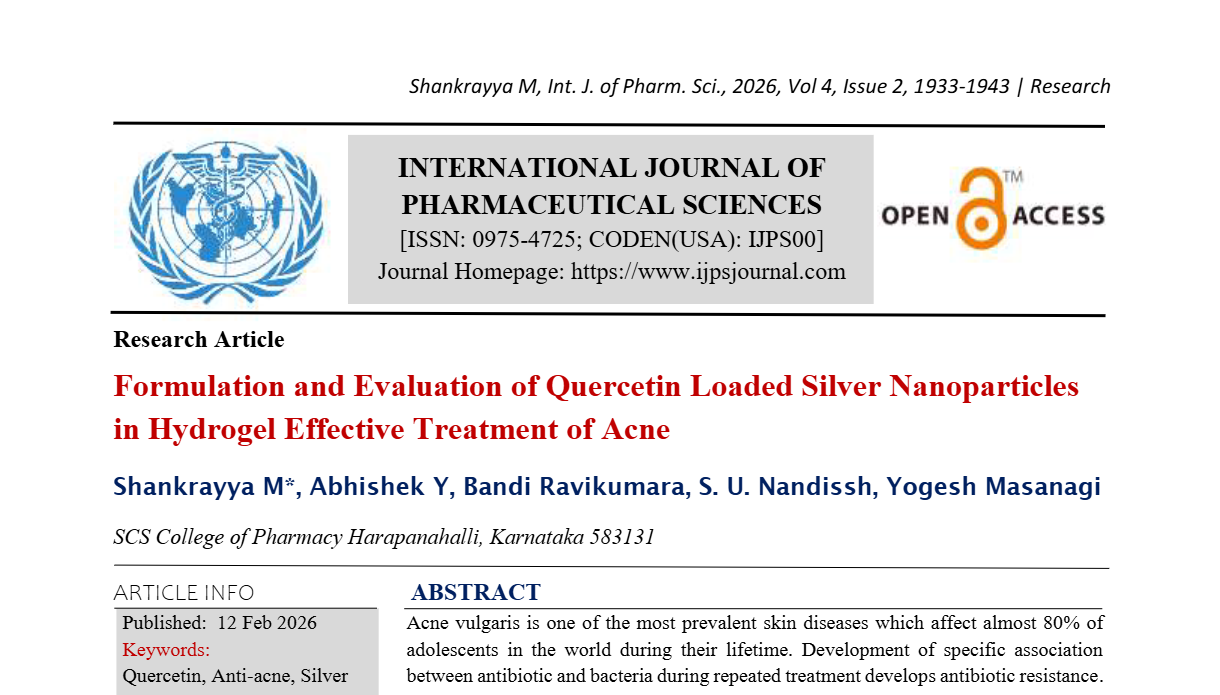 Formulation and Evaluation of Quercetin Loaded Silver Nanoparticles in Hydrogel Effective Treatment of Acne