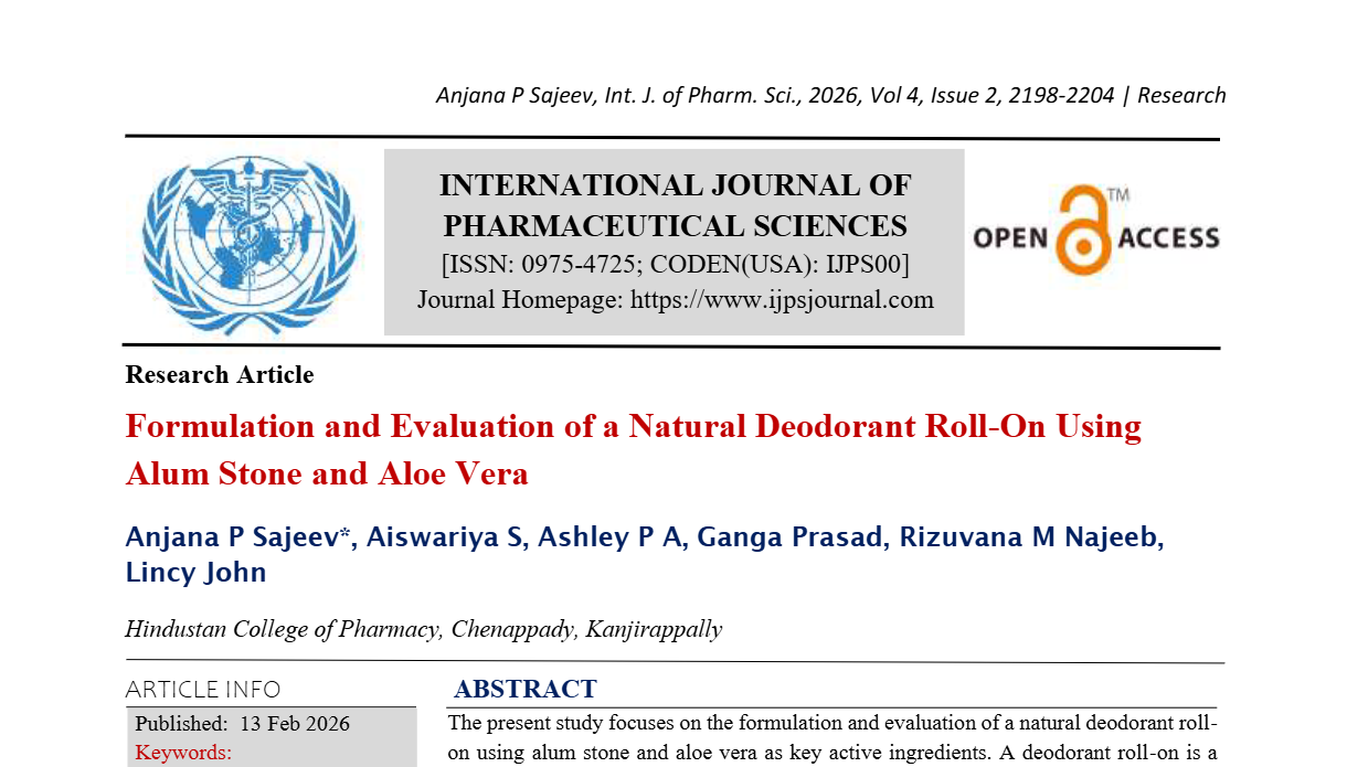 Formulation and Evaluation of a Natural Deodorant Roll-On Using Alum Stone and Aloe Vera