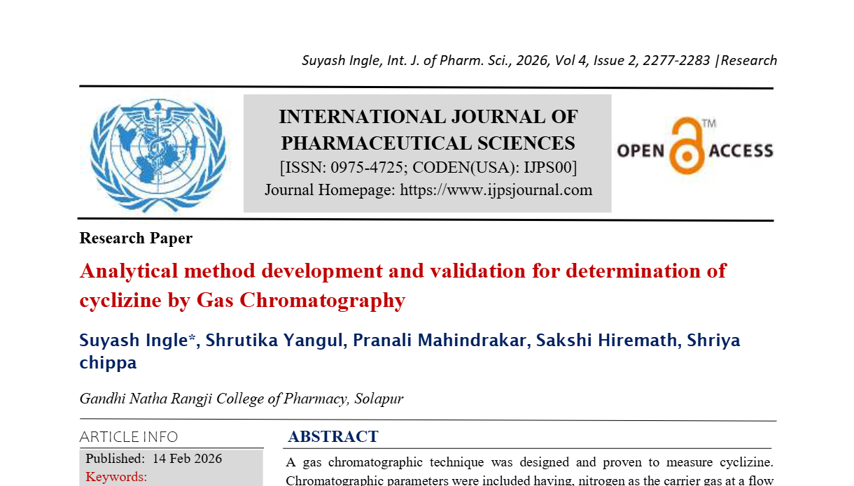 Analytical method development and validation for determination of cyclizine by Gas Chromatography 
