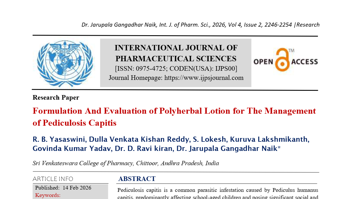 Formulation And Evaluation of Polyherbal Lotion for The Management of Pediculosis Capitis
