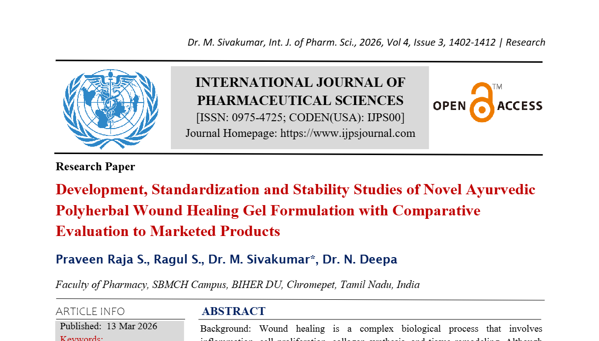 Development, Standardization and Stability Studies of Novel Ayurvedic Polyherbal Wound Healing Gel Formulation with Comparative Evaluation to Marketed Products.