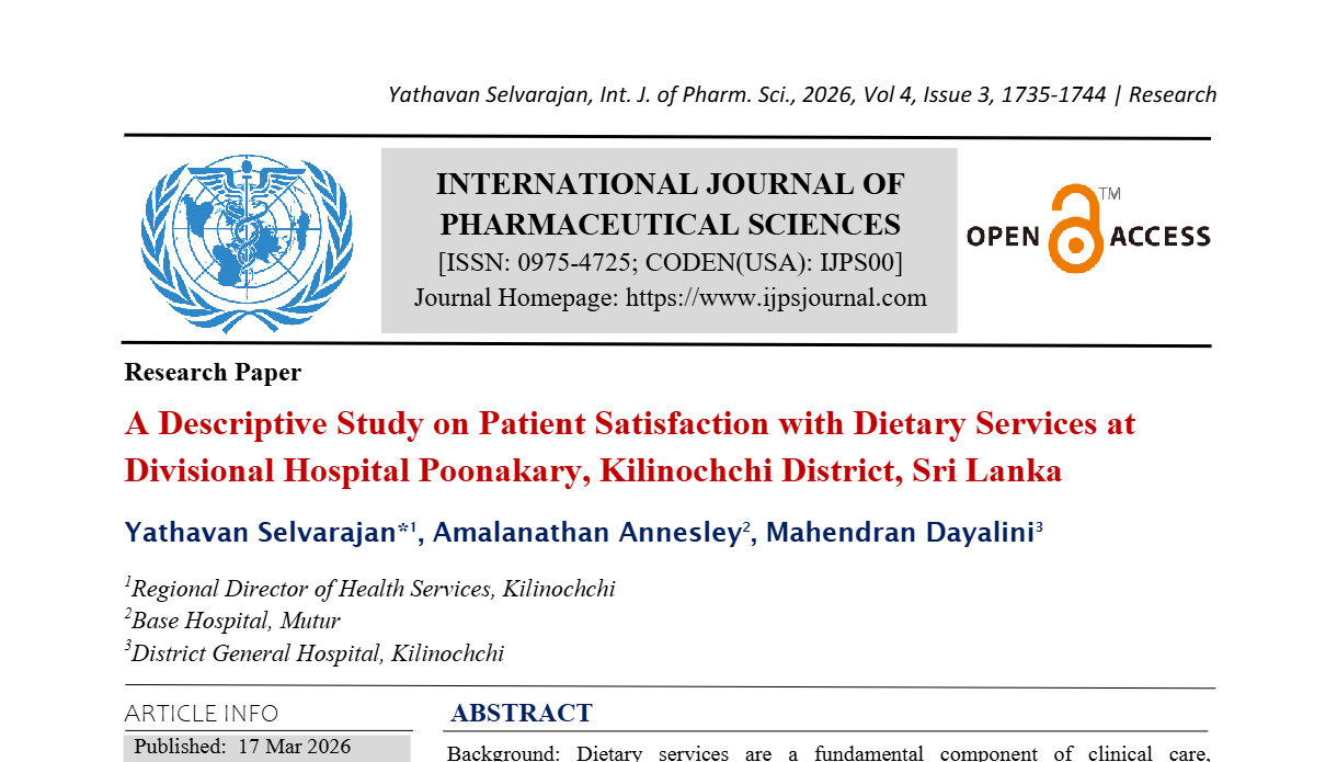 A Descriptive Study on Patient Satisfaction with Dietary Services at Divisional Hospital Poonakary, Kilinochchi District, Sri Lanka