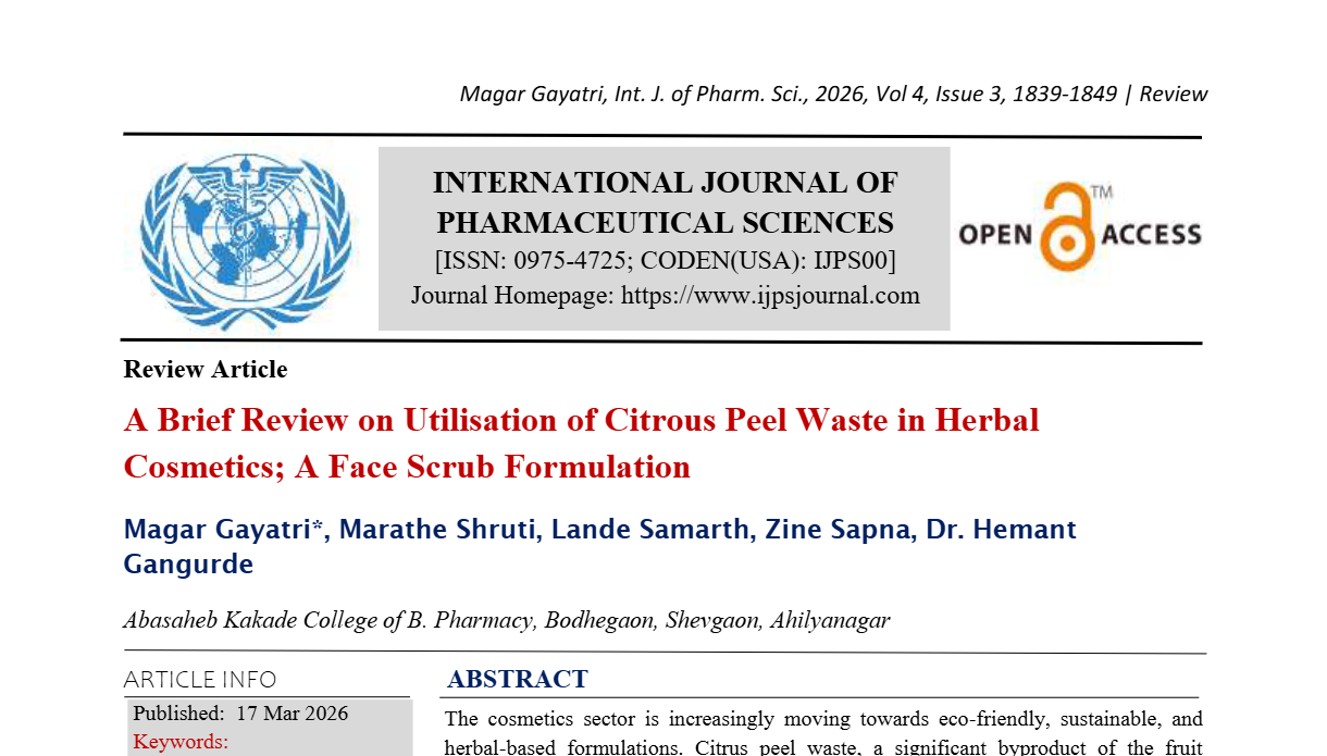 A Brief Review on Utilisation of Citrous Peel Waste in Herbal Cosmetics; A Face Scrub Formulation
