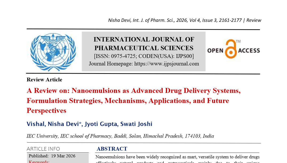 A Review on: Nanoemulsions as Advanced Drug Delivery Systems, Formulation Strategies, Mechanisms, Applications, and Future Perspectives