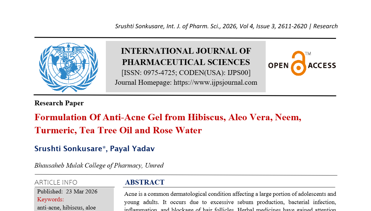 Formulation Of Anti-Acne Gel from Hibiscus, Aleo Vera, Neem, Turmeric, Tea Tree Oil and Rose Water