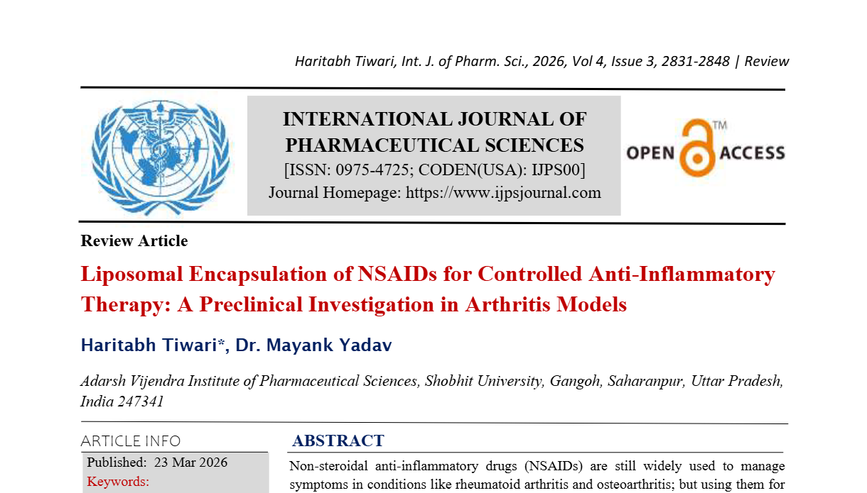 Liposomal Encapsulation of NSAIDs for Controlled Anti-Inflammatory Therapy: A Preclinical Investigation in Arthritis Models