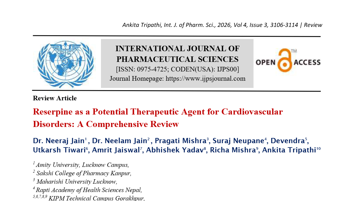 Reserpine as a Potential Therapeutic Agent for Cardiovascular Disorders: A Comprehensive Review