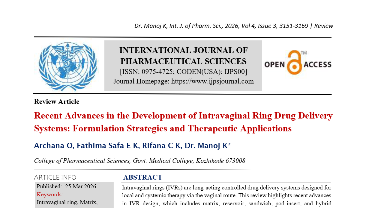 Recent Advances in the Development of Intravaginal Ring Drug Delivery Systems: Formulation Strategies and Therapeutic Applications