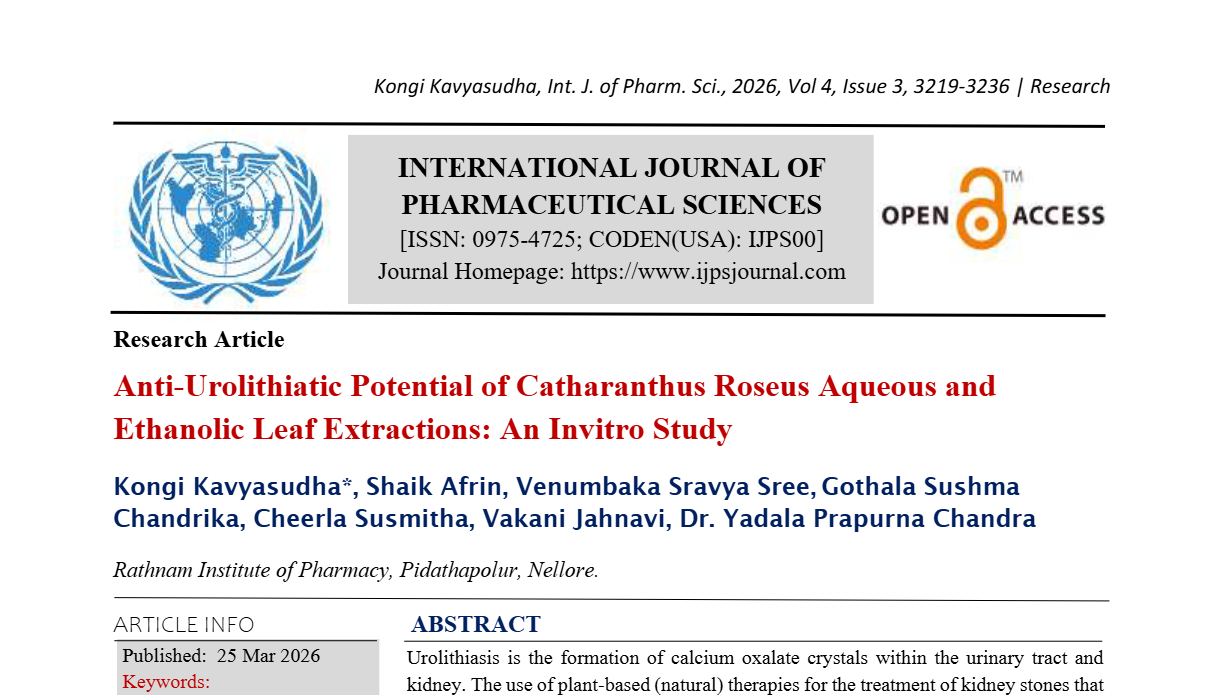 Anti-Urolithiatic Potential of Catharanthus Roseus Aqueous and Ethanolic Leaf Extractions: An Invitro Study