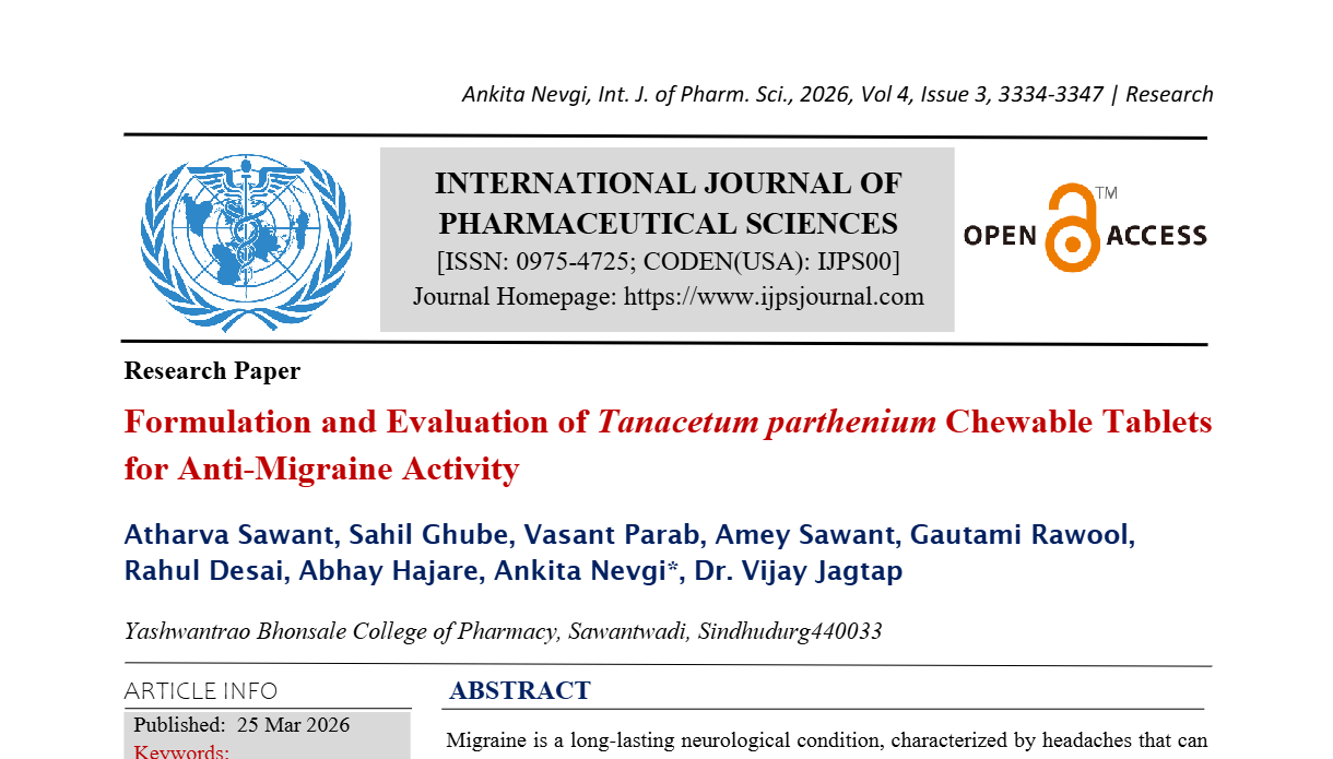 Formulation and Evaluation of Tanacetum parthenium Chewable Tablets for Anti-Migraine Activity