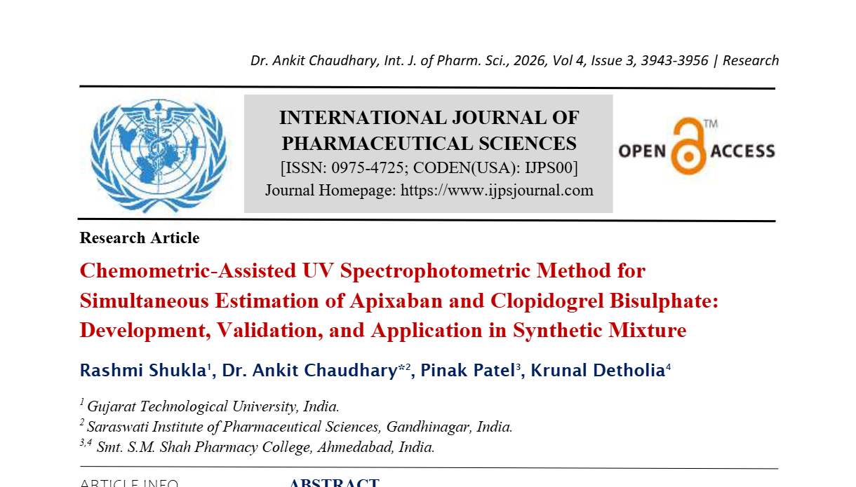 Chemometric-Assisted UV Spectrophotometric Method for Simultaneous Estimation of Apixaban and Clopidogrel Bisulphate: Development, Validation, and Application in Synthetic Mixture