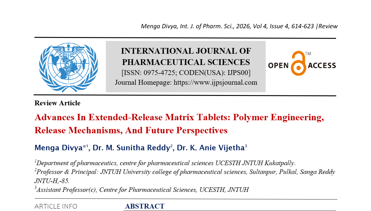 Advances In Extended-Release Matrix Tablets: Polymer Engineering, Release Mechanisms, And Future Perspectives