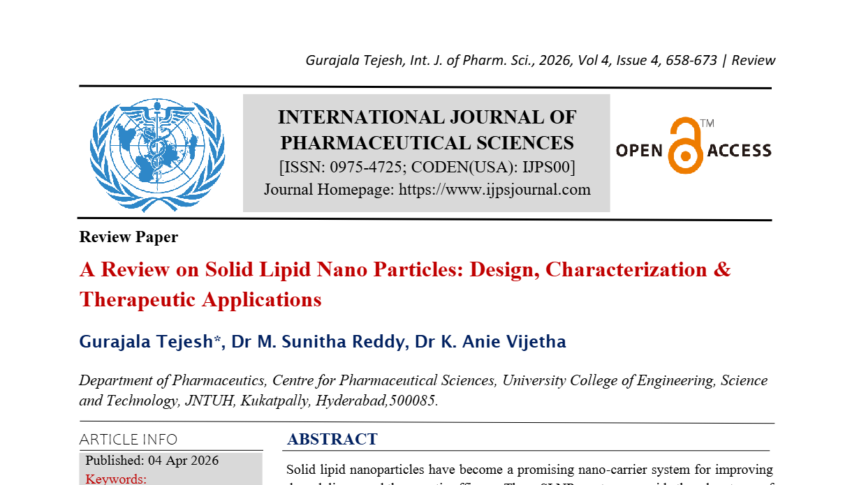A Review on Solid Lipid Nano Particles: Design, Characterization & Therapeutic Applications.