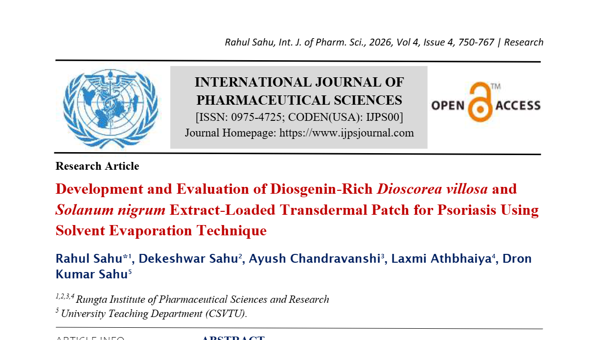 Development and Evaluation of Diosgenin-Rich Dioscorea villosa and Solanum nigrum Extract-Loaded Transdermal Patch for Psoriasis Using Solvent Evaporation Technique 