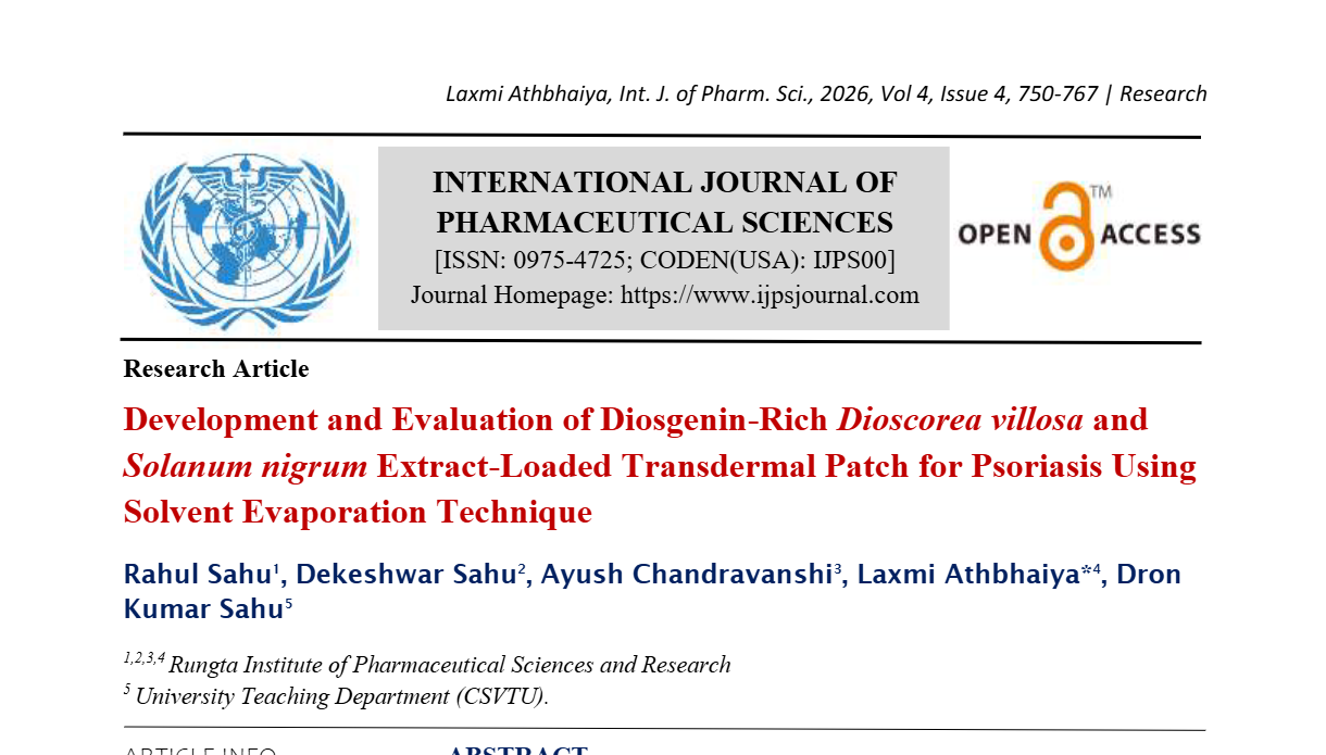 Development and Evaluation of Diosgenin-Rich Dioscorea villosa and Solanum nigrum Extract-Loaded Transdermal Patch for Psoriasis Using Solvent Evaporation Technique 