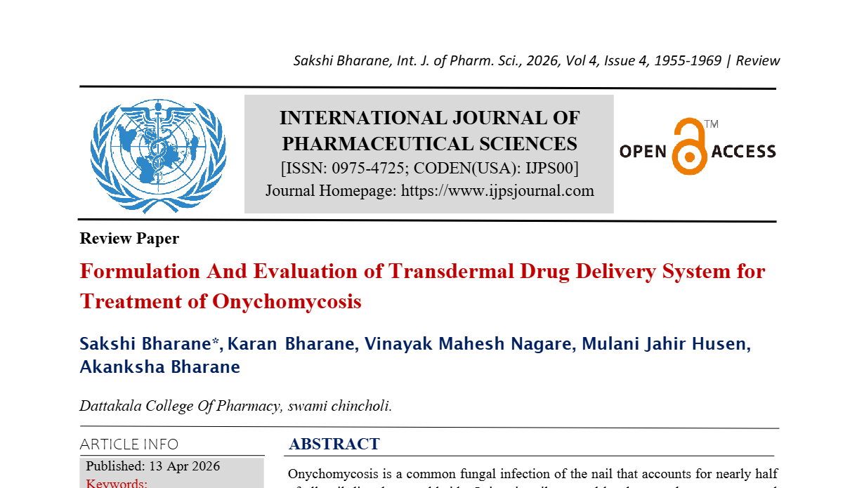 Formulation And Evaluation of Transdermal Drug Delivery System for Treatment of Onychomycosis