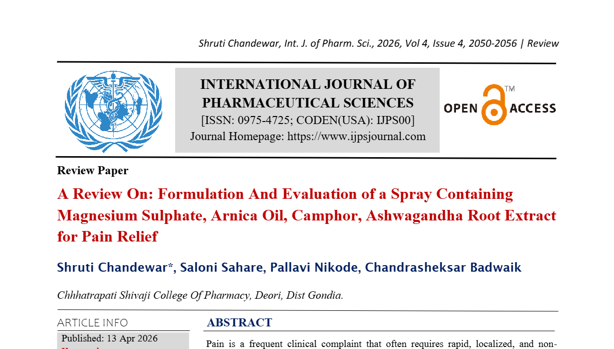 A Review On: Formulation And Evaluation of a Spray Containing Magnesium Sulphate, Arnica Oil, Camphor, Ashwagandha Root Extract for Pain Relief