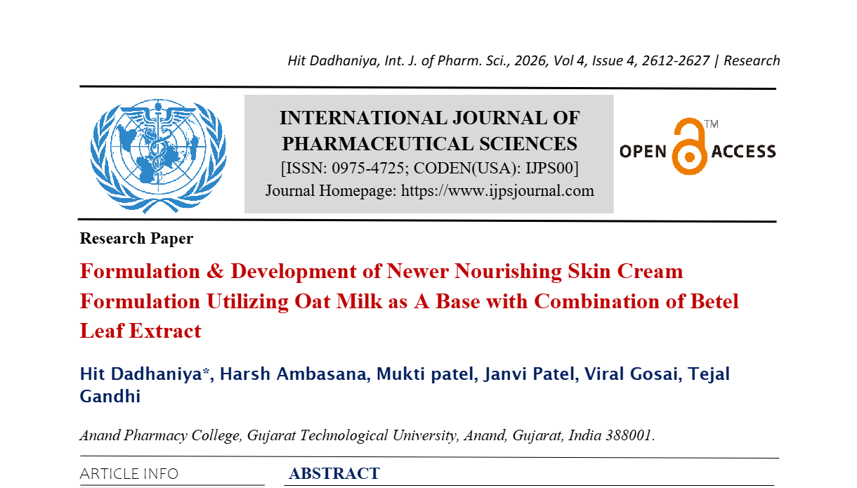 Formulation & Development of Newer  Nourishing Skin Cream Formulation Utilizing Oat Milk as A Base with Combination of Betel  Leaf Extract