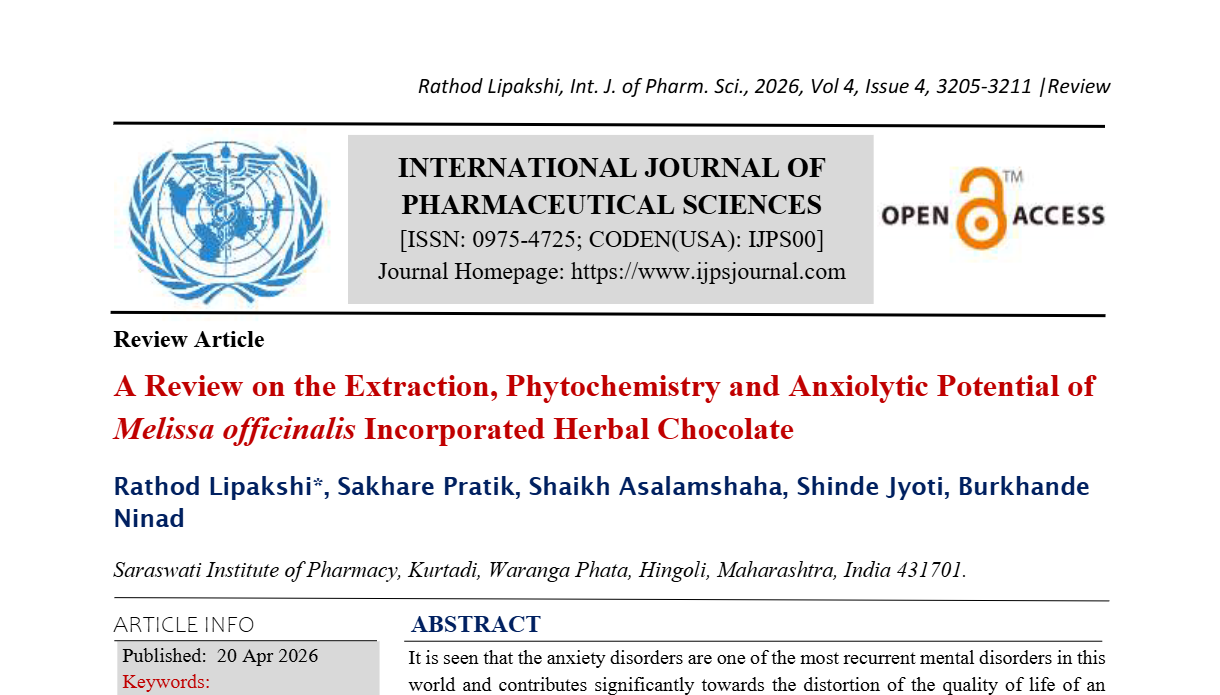 A Review on the Extraction, Phytochemistry and Anxiolytic Potential of Melissa officinalis Incorporated Herbal Chocolate