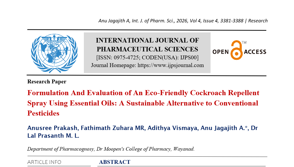Formulation And Evaluation of An Eco-Friendly Cockroach Repellent Spray Using Essential Oils: A Sustainable Alternative to Conventional Pesticides
