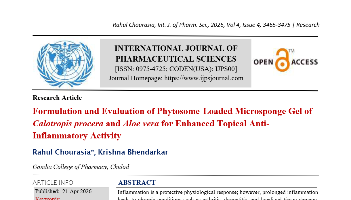 Formulation and Evaluation of Phytosome-Loaded Microsponge Gel of Calotropis procera and Aloe vera for Enhanced Topical Anti-Inflammatory Activity