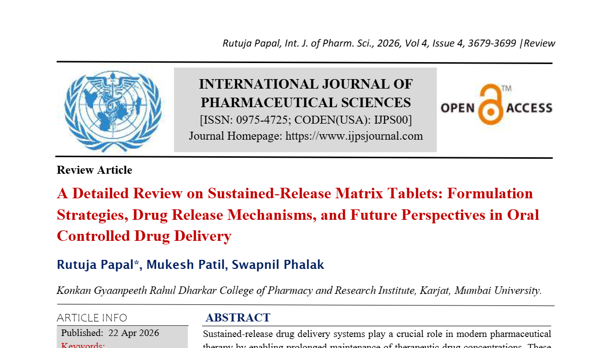 A Detailed Review on Sustained-Release Matrix Tablets: Formulation Strategies, Drug Release Mechanisms, and Future Perspectives in Oral Controlled Drug Delivery