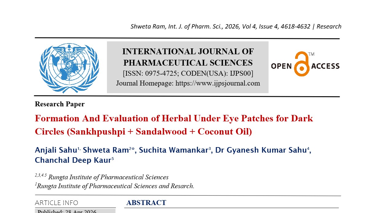 Formation And Evaluation of Herbal Under Eye Patches for Dark Circles (Sankhpushpi + Sandalwood + Coconut Oil)