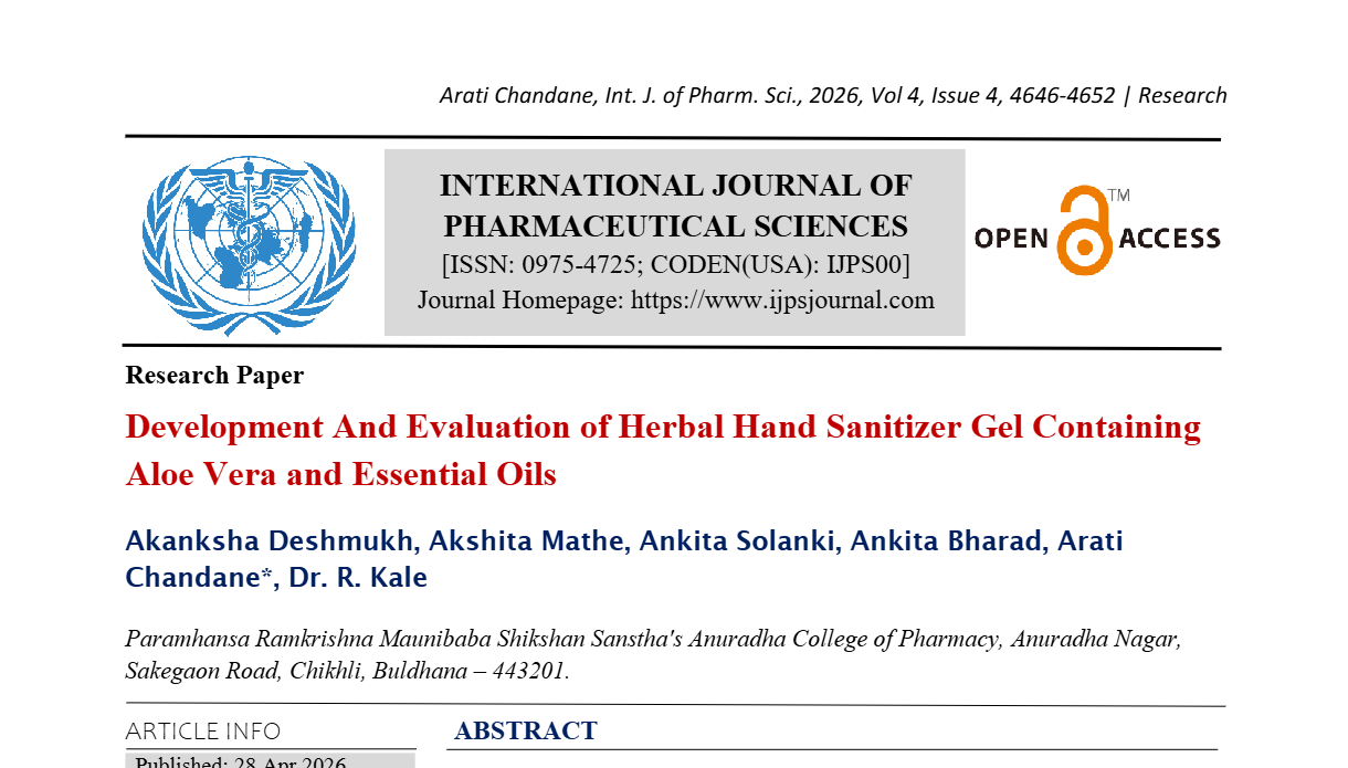 Development And Evaluation Of Herbal Hand Sanitizer Gel Containing Aloe Vera And Essential Oils