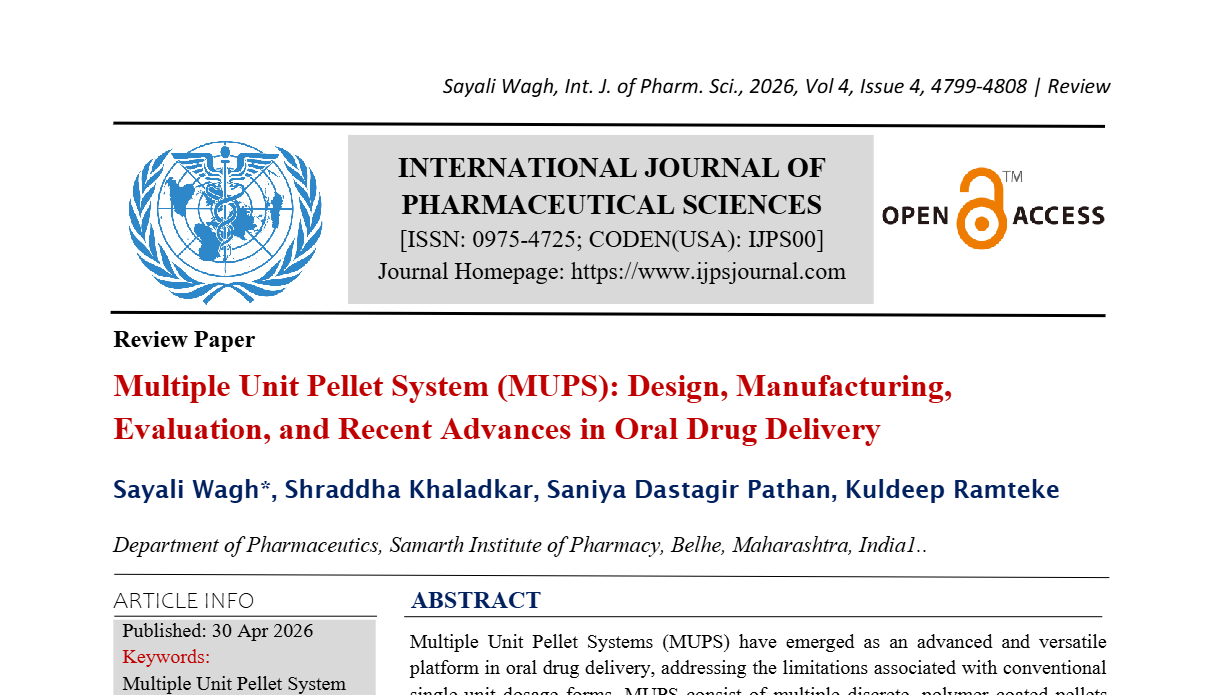 Multiple Unit Pellet System (MUPS): Design, Manufacturing, Evaluation, and Recent Advances in Oral  Drug Delivery