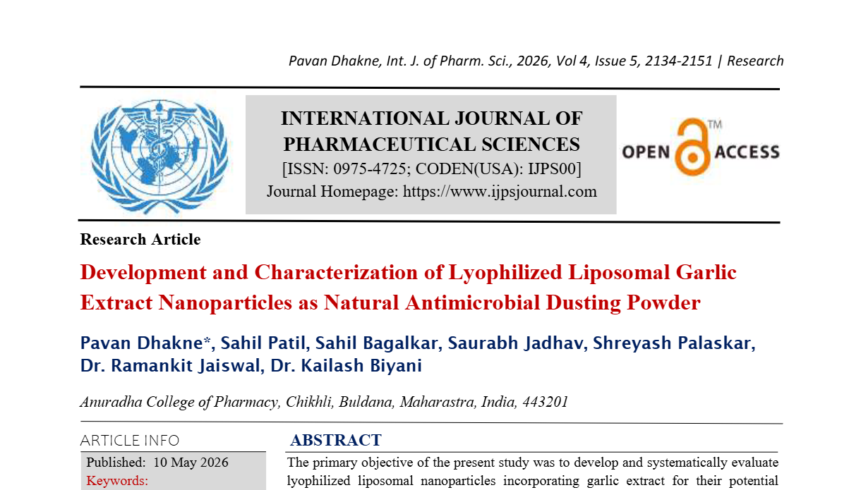 Development and Characterization of Lyophilized Liposomal Garlic Extract Nanoparticles as Natural Antimicrobial Dusting Powder
